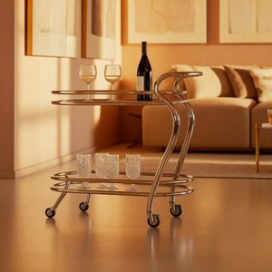 Luxury Gold Finish Iron Bar Cart with Glass Shelves Modern Rolling <b>Serving</b> <b>Trolley</b> for Home Kitchen Dining Room Beverage Storage - Product Image 6