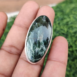 Venta caliente 925 anillo hecho a mano de plata rodio piedra preciosa declaración joyería perfecto regalo diario para hermana-Anillo de serafinita verde - Product Image 5