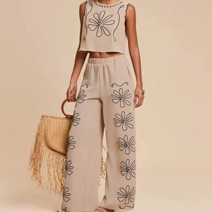 Elegant Embroidered Casual Solid Short Sleeveless Woven Chiffon Top 100% Cotton Full Length Co-Ord <b>Set</b> Women's Regular Fit - Product Image 1