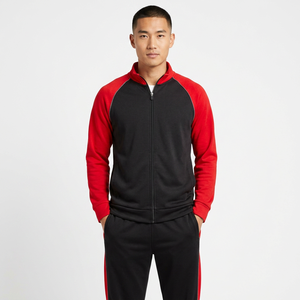Veste de survêtement pour homme, noire et rouge, à blocs de couleur, fermeture éclair intégrale, col montant, style sportif, séchage rapide, polyester, pour l'automne, avec poches latérales - Product Image 4