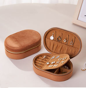 Boîte de rangement pour bijoux de voyage personnalisée, portable, à double couche, en velours doux, de forme ovale simple, étui cadeau pour accessoires - Product Image 3