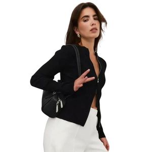 Cardigan noir zippé pour femme, veste en maille à manches longues, ajustée, décontractée, col montant, personnalisable avec logo OEM - Product Image 3