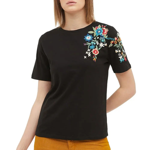 Black <b>Short</b> <b>Sleeve</b> Knitted O-Neck T-Shirt With Floral Hand Embroidery On Right <b>Sleeve</b> Regular Fit Casual Men's Style - Product Image 1