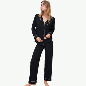 Ensemble de pyjama pour femmes en coton 100% respirant, manches longues, boutons sur le devant, bleu marine uni, vêtements de nuit classiques, deux pièces, vêtements de maison - Product Image 2