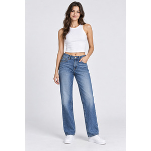Jeans con logo en la cintura, bolsillos decorados, pantalones vaqueros de pierna ancha, jeans de tela vaquera, jeans para la temporada de primavera - Product Image 1
