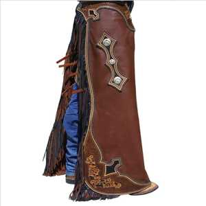 Premium Genuine Leather Chinks for Horse Riding and Ranch Work with Decorative Fringe <b>Snap</b> Closures Adjustable Fit Western - Product Image 2