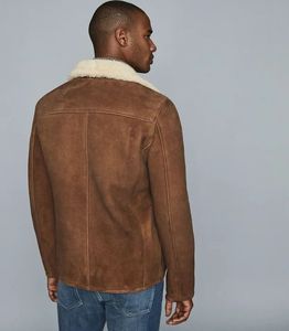 Men's Reversible Sherpa Lined Leather Aviator Shell <b>Jacket</b> Windproof Zip-Up with Front Pockets for Winter - Product Image 3