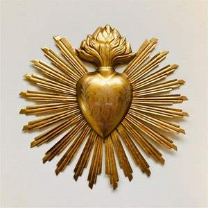 Gold Metal Sacred Heart Wall Art Love Embossed Flying Doves Velvet <b>Ribbon</b> Mexican Folk Art Plaque Decor - Product Image 5