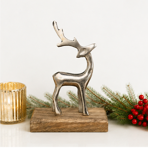 Antique Silver Aluminum Reindeer Sculpture with Natural Mango Wood Base Festive Holiday Home Decor & Modern Tabletop Figurine - Product Image 6