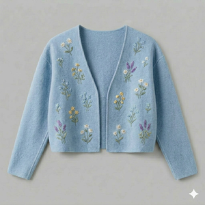 Cárdigan de Punto Azul Claro para Mujer con Bordado Floral, Cuello en V, Manga Larga, Estilo Prairie Chic, para Primavera - Product Image 1