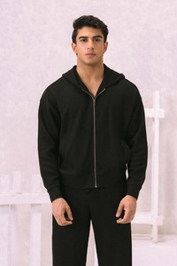 Unisex <b>Black</b> Hooded Printed Streetwear Tracksuit Set 100% Cotton Solid Color Casual Full Length Drawstring Side Pockets Winter - Product Image 3