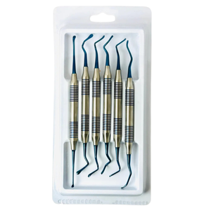 Kit de 6 instruments dentaires professionnels manuels pour composite, curettes de précision à double extrémité en acier inoxydable recouvert de titane bleu - Product Image 1