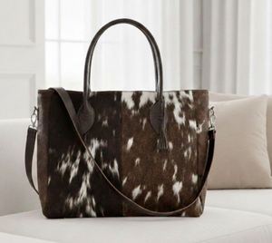 Bolso tote grande de piel de vaca con pelo, color marrón y blanco, piel de vaca auténtica con asas de cuero - Product Image 2