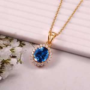 Blue Tourmaline Oval Cut Pendant 925 Sterling Silver 14K Gold Plated Engagement Pendant Jewelry Gift For Women - Product Image 2