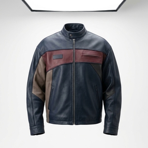 Blouson de motard en cuir véritable bleu marine et bordeaux pour homme, avec panneau horizontal sur la poitrine, poches passepoilées et dos gaufré, vêtement d'extérieur pour moto - Product Image 1
