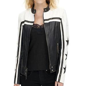 แจ็คเก็ตผู้หญิงสีขาวดำแบบใหม่ขายส่งพร้อมโลโก้สั่งทำ แจ็คเก็ตวินเทจฤดูหนาว แจ็คเก็ตบอมเบอร์หนังแท้ทันสมัย สไตล์สตรีทแวร์ - Product Image 3