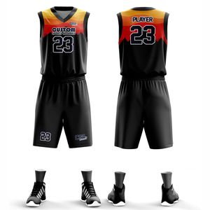 Ensemble de maillots de basket-ball sublimés personnalisés, col en V, sans manches, évacuation de l'humidité, vêtements de sport pour hommes adultes, dégradé noir orange rouge - Product Image 1