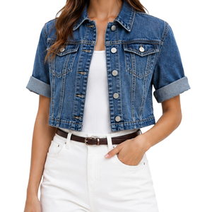 Veste en jean courte sur mesure pour femme, à manches longues, boutonnée, unie, respirante, vente en gros - Product Image 1