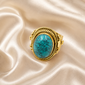 Bague en argent sterling 925 avec turquoise naturelle, plaquée or rose et or jaune, faite à la main, style bohème, ovale, ajustable - Product Image 1