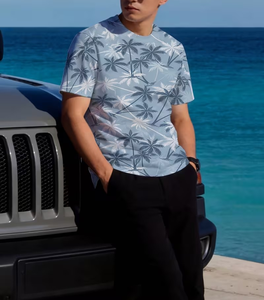 Men's Blue Palm Tree Print Short Sleeve O-Neck Casual T-Shirt Regular Fit Digital Print Breathable Knitted 100% Polyester - Product Image 3