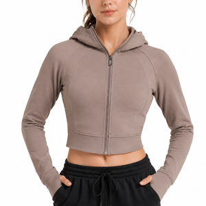 Custom <b>Womens</b> Cropped Zip-Up Hooded Breathable Streetwear Gym <b>Jacket</b> Thumbhole Yoga Activewear Private Label OEM Nylon - Product Image 5