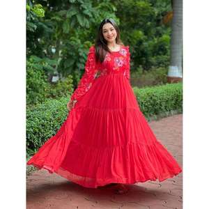 Vestido Largo Rojo para Mujer, Manga Larga, Estampado Floral, Vestido de Fiesta - Product Image 1