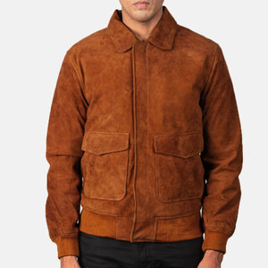 <b>Men's</b> Brown <b>Suede</b> Bomber <b>Jacket</b> Turn-down Collar Button Closure Casual Autumn Wear Regular Fit - Product Image 2