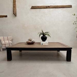 Table Basse Extra Large Antique en Orme Massif Rustique, Banc Plateforme Basse pour le Thé, Style Wabi Sabi Vintage, Meuble de Salon Décoratif - Product Image 4