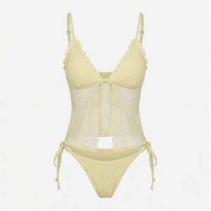 Traje de baño de una pieza para mujer con encaje, escote pronunciado, lazo lateral, push-up, bikini amarillo - Product Image 1