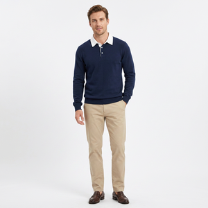 Polo de Manga Larga Azul Marino para Hombre, Estilo Casual de Algodón Tejido Sólido con Cuello Blanco y Diseño de Botones, Hecho en Bangladesh - Product Image 4