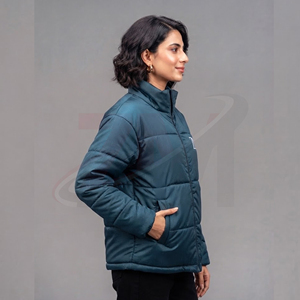 Women Quilted Puffer <b>Jacket</b> Solid Color Crew Neck Zipper Closure Full Sleeve Winter Outerwear Breathable Canvas Polyester - Product Image 5