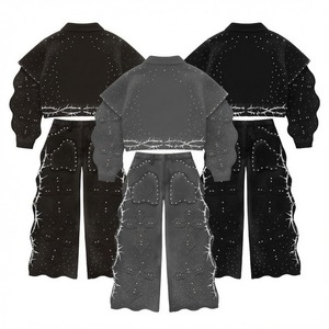 Custom <b>Rhinestone</b> Cross Black Denim <b>Jacket</b> and Pants Set Streetwear Fashion Apparel Collection Design For Unisex Comfort Wear - Product Image 2