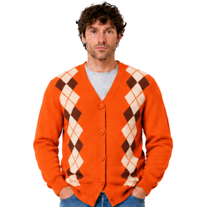 <b>Mens</b> Orange Argyle V Neck <b>Cardigan</b> Knitted <b>Sweater</b> Diamond Pattern Button Front Long Sleeves Classic Casual Warm Knitwear Styles - Product Image 3