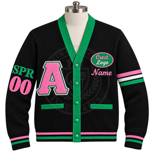 Greek university Alpha Sorority <b>Cardigan</b> V-Neck Knitted Black Women's Sweater <b>Chenille</b> Embroidery Color Block winter Varsity - Product Image 5