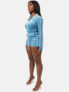 Women Flocking Side Stripe Lapel Zipper Jacket+Drawstring Shorts Matching Simple Outfits Sporty Tracksuits 2-Piece Set <b>Velvet</b> - Product Image 2