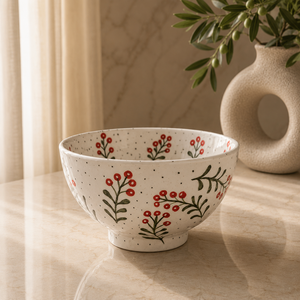 Bol à soupe décoratif en céramique avec motif botanique de baies, base surélevée et style farmhouse moderne pour la table - Product Image 1