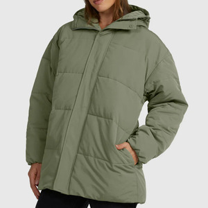 Women's Olive Green Quilted Hooded Puffer Jacket Long Sleeve <b>Winter</b> <b>Coat</b> <b>Thick</b> Polyester Wadding Full Length Zipper Closure - Product Image 2