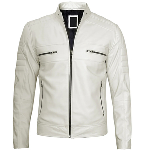 Blouson moto en cuir PU blanc pour homme, col montant, fermeture éclair, coupe ajustée, pour l'automne - Product Image 5