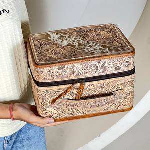 Hot Selling Vintage Hand Tooled Leather Cosmetic Case Medium Size Cowhide Print Zipper Closure Portable Soft Handle Jewelry <b>Box</b> - Product Image 3