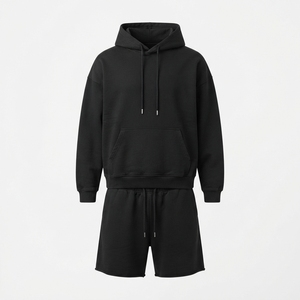 Wholesale Men's Solid Color Oversized French Terry Boxy Fit <b>Hoodie</b> and Gym Shorts Two-Piece Set - Product Image 6