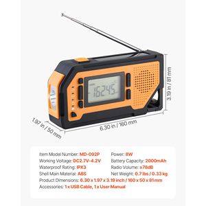 Radio meteorologica di emergenza solare a manovella da 2000 mAh con luce LED, allerta FM/AM/WB/NOAA, cavo di ricarica USB e allarme SOS - Product Image 4