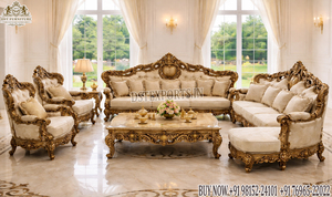 Ensemble de meubles de salon de style baroque doré antique de Birmingham, canapé 5 places orné d'une finition dorée, canapé en bois, vente au Royaume-Uni - Product Image 6