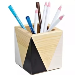 Wooden Pen Holder Square Minimalist <b>Desk</b> Organizer Storage Bin for Office Use with Geometric Design Pen And Pencil Holder Box - Product Image 1