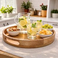 Plateau de service rond en bois d'acacia avec poignées 24,5 cm Finition polie pour le contact alimentaire et l'usage domestique