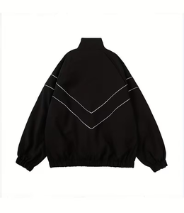 Men's Black Fleece <b>Racer</b> <b>Jacket</b> Stand Collar Batwing Sleeve Zipper Closure Sporty Loose Fit Autumn Wear - Product Image 2