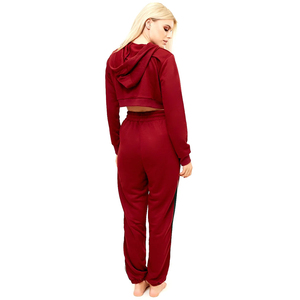 Women Red Hooded Cropped Sweatshirt & <b>Jogger</b> <b>Set</b> Full Sleeve Solid Color Casual Tracksuit With Side Pockets Drawstring Waist - Product Image 2