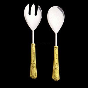 Poignée de broderie royale forgée à la main en acier inoxydable et laiton ensemble de service outils de serveur de salade - Product Image 5