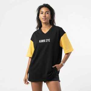 T-shirt décontracté en jersey de coton noir et jaune à manches courtes et col en V pour femme, coupe ample, avec logo imprimé - Product Image 1