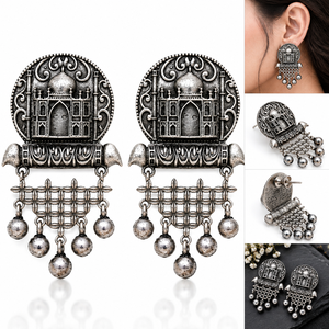 Boucles d'oreilles pendantes ethniques vintage en argent tibétain OZ-114 Taj Mahal pour femmes, en laiton plaqué argent antique, vente en gros ARTS JEWELS - Product Image 1