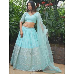 Georgette à paillettes bleu ciel enchanteresse Designer Lehenga Choli - Product Image 2